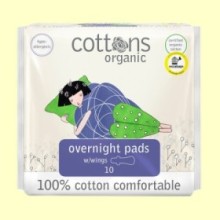 Compresas Noche con Alas 100% Algodón - 10 unidades - Cottons Organic